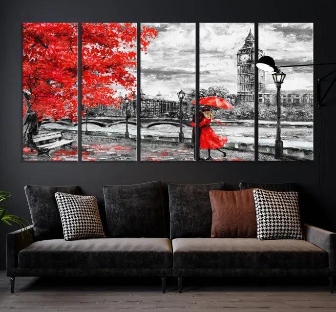 The "Red and Love in London Canvas Print" showcases a red-accented scene of a couple near Big Ben, surrounded by vibrant red trees. Designed on museum-quality canvas with a UV-protective coating, this artwork is ready to hang and adds an elegant touch to any room.