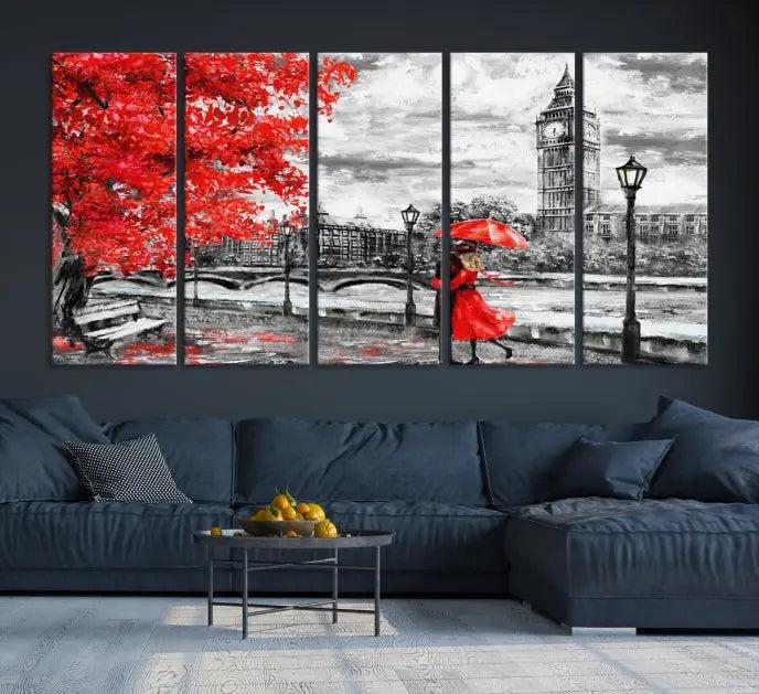 The "Red and Love in London Canvas Print" showcases a red-accented scene of a couple near Big Ben, surrounded by vibrant red trees. Designed on museum-quality canvas with a UV-protective coating, this artwork is ready to hang and adds an elegant touch to any room.