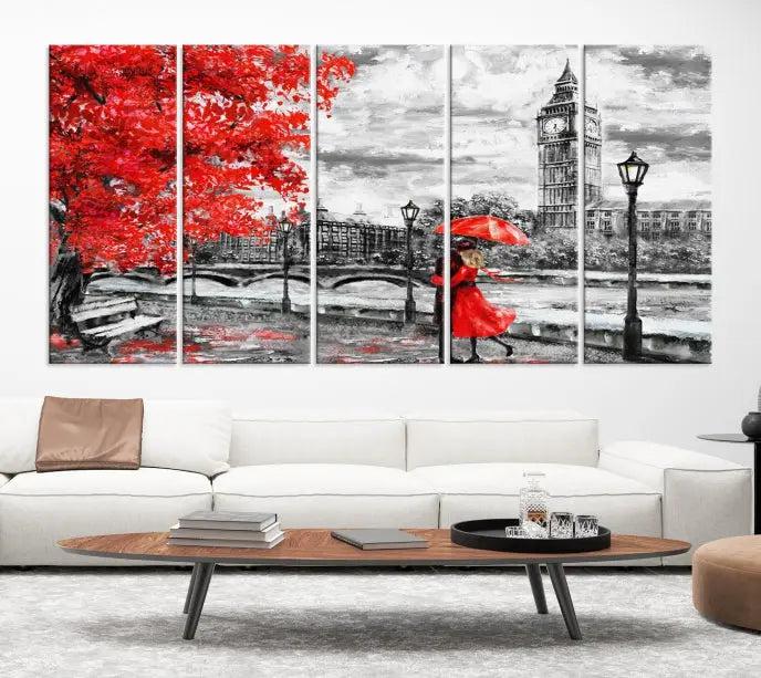 The "Red and Love in London Canvas Print" showcases a red-accented scene of a couple near Big Ben, surrounded by vibrant red trees. Designed on museum-quality canvas with a UV-protective coating, this artwork is ready to hang and adds an elegant touch to any room.