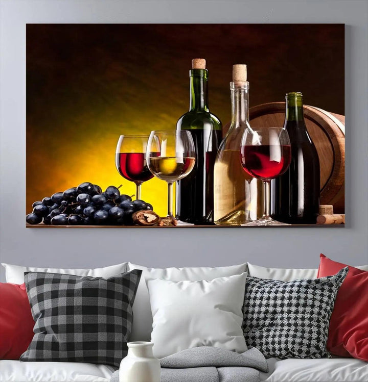 The "Red and White Wine Canvas Print" is a multi-panel design displaying bottles and glasses, adding a professional craftsman's touch to the living room.