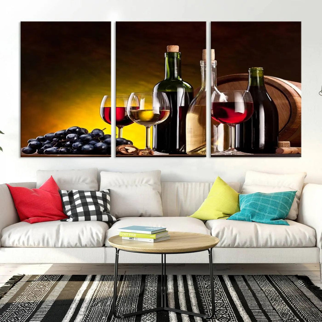 The "Red and White Wine Canvas Print" is a multi-panel design displaying bottles and glasses, adding a professional craftsman's touch to the living room.