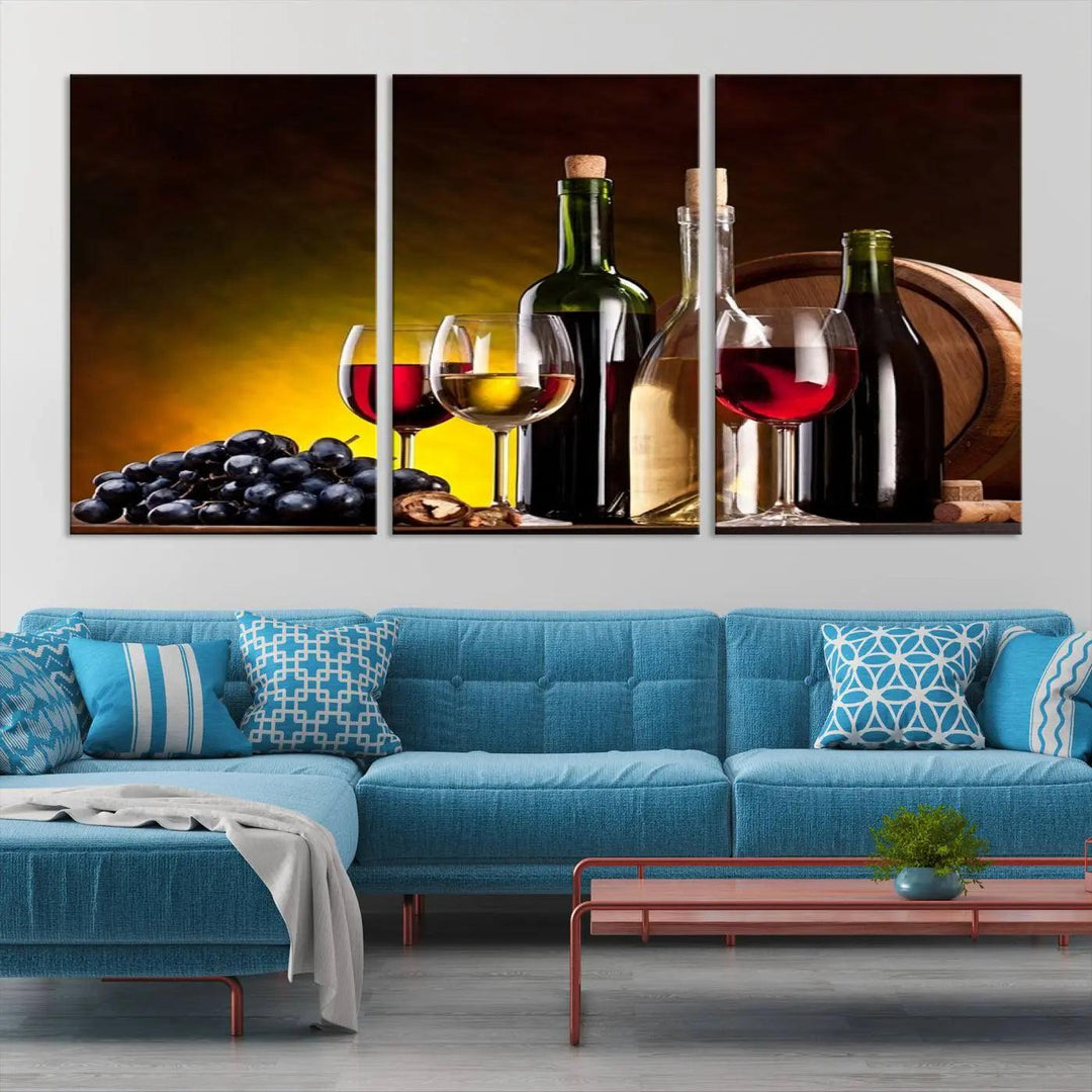 The "Red and White Wine Canvas Print" is a multi-panel design displaying bottles and glasses, adding a professional craftsman's touch to the living room.