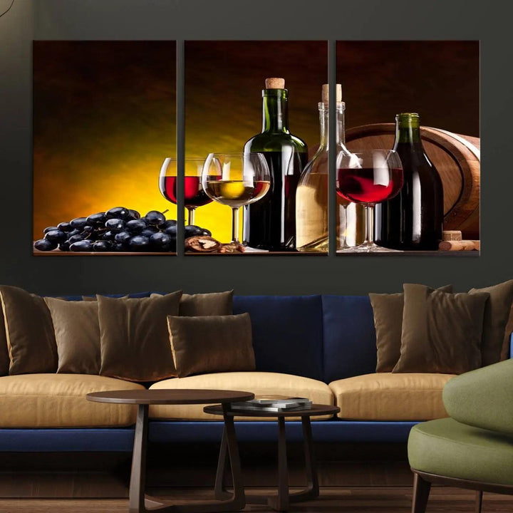 The "Red and White Wine Canvas Print" is a multi-panel design displaying bottles and glasses, adding a professional craftsman's touch to the living room.