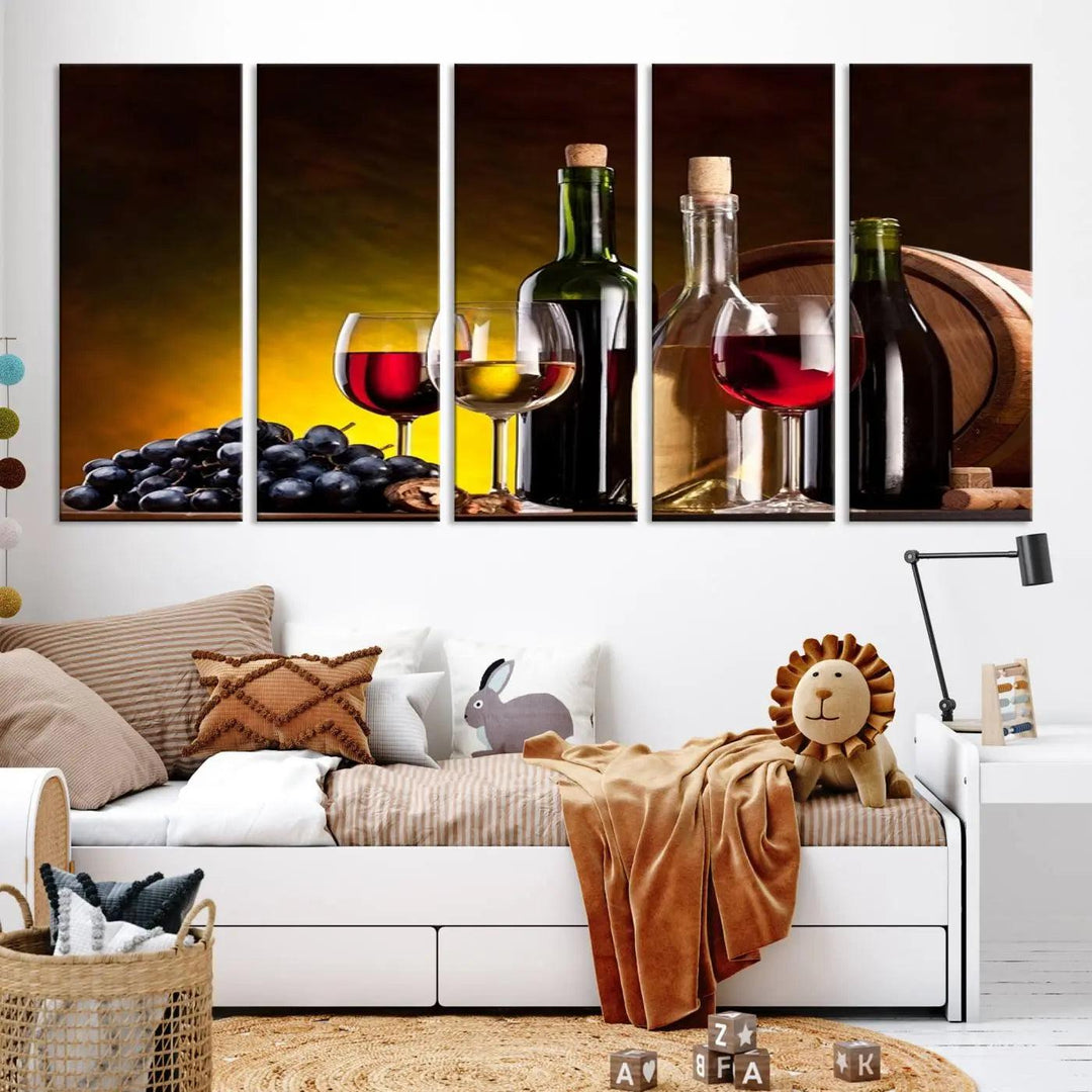 The "Red and White Wine Canvas Print" is a multi-panel design displaying bottles and glasses, adding a professional craftsman's touch to the living room.