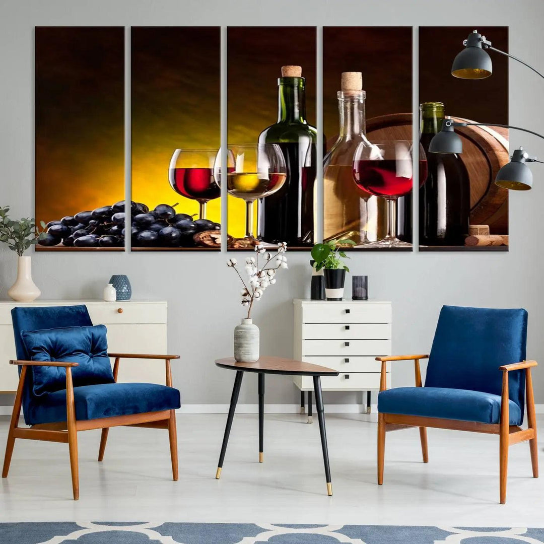 The "Red and White Wine Canvas Print" is a multi-panel design displaying bottles and glasses, adding a professional craftsman's touch to the living room.