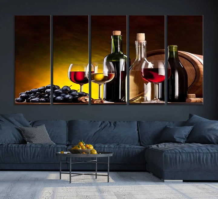 The "Red and White Wine Canvas Print" is a multi-panel design displaying bottles and glasses, adding a professional craftsman's touch to the living room.