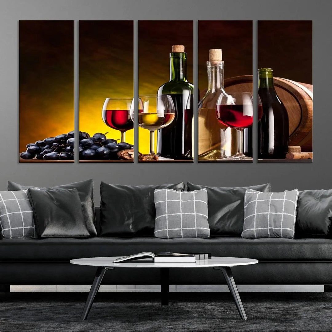 The "Red and White Wine Canvas Print" is a multi-panel design displaying bottles and glasses, adding a professional craftsman's touch to the living room.