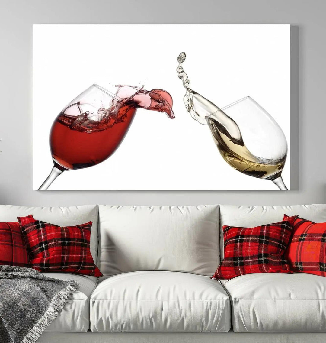 The Red and White Wine in Glass Canvas Print gracefully captures wine splashing from two glasses on a museum-quality canvas. Enjoy free shipping on this vibrant artwork, featuring a UV-protective coating to maintain its stunning detail for years to come.