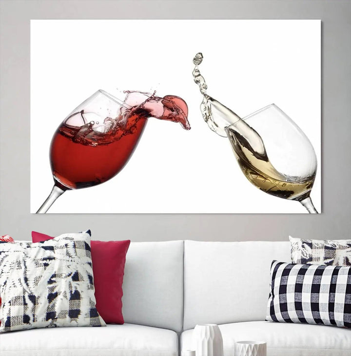 The Red and White Wine in Glass Canvas Print gracefully captures wine splashing from two glasses on a museum-quality canvas. Enjoy free shipping on this vibrant artwork, featuring a UV-protective coating to maintain its stunning detail for years to come.