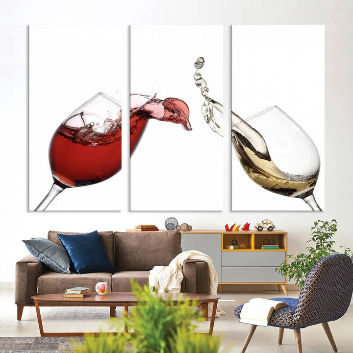 The Red and White Wine in Glass Canvas Print gracefully captures wine splashing from two glasses on a museum-quality canvas. Enjoy free shipping on this vibrant artwork, featuring a UV-protective coating to maintain its stunning detail for years to come.