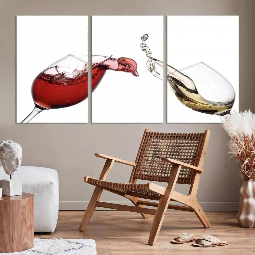 The Red and White Wine in Glass Canvas Print gracefully captures wine splashing from two glasses on a museum-quality canvas. Enjoy free shipping on this vibrant artwork, featuring a UV-protective coating to maintain its stunning detail for years to come.