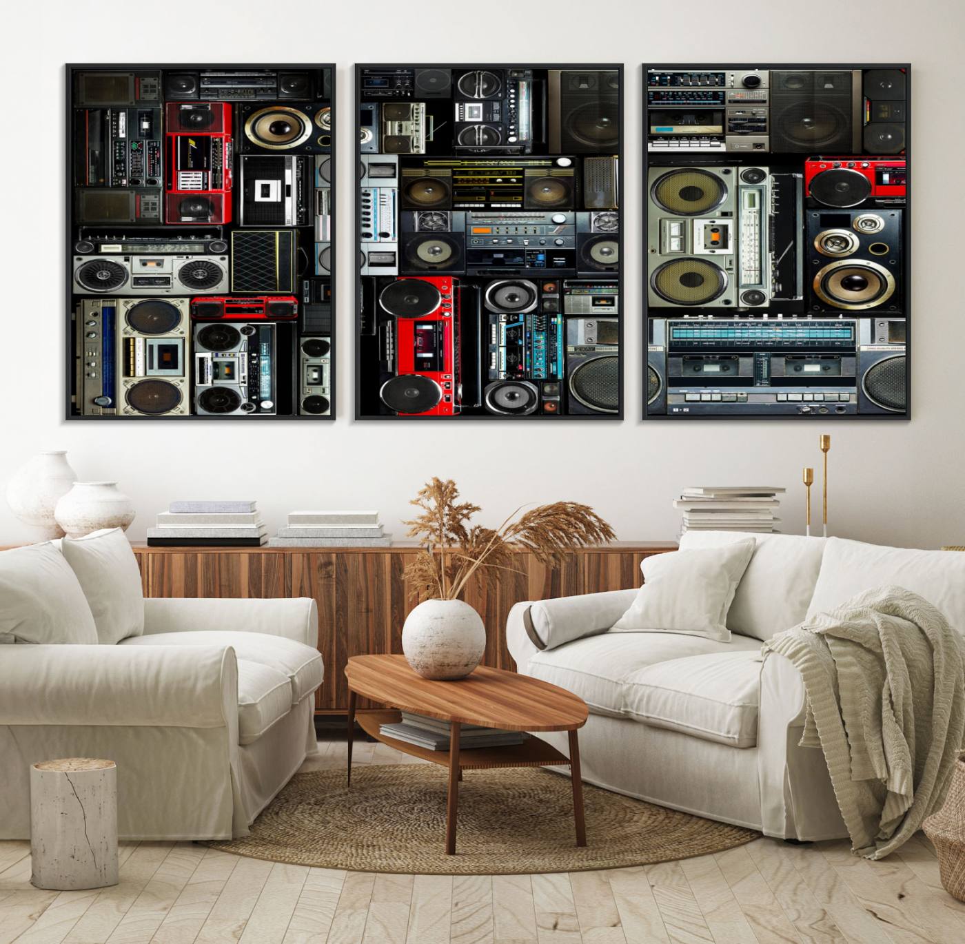 64860-MGV-FC-60X30-3P_Black-Retro Boombox Radio Canvas Wall Art Print Vintage Wall Music Recorder Canvas Print