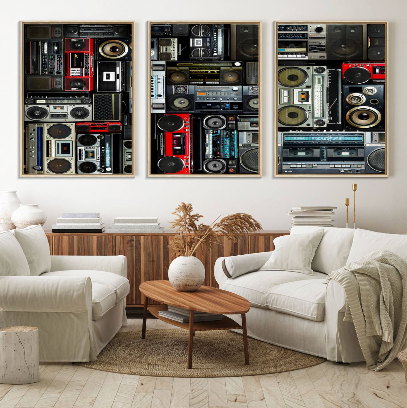 64860-MGV-FC-60X30-3P_Natural-Retro Boombox Radio Canvas Wall Art Print Vintage Wall Music Recorder Canvas Print