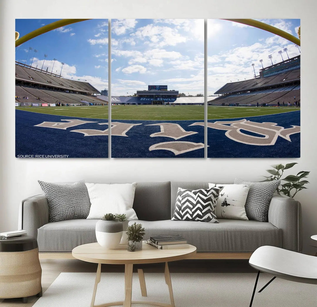 The Rice University Owls Football Team Print - Houston Rice Stadium Wall Art Canvas Print captures a panoramic view of an empty football stadium. It is beautifully displayed across three panels, each crafted with a gallery-quality finish.