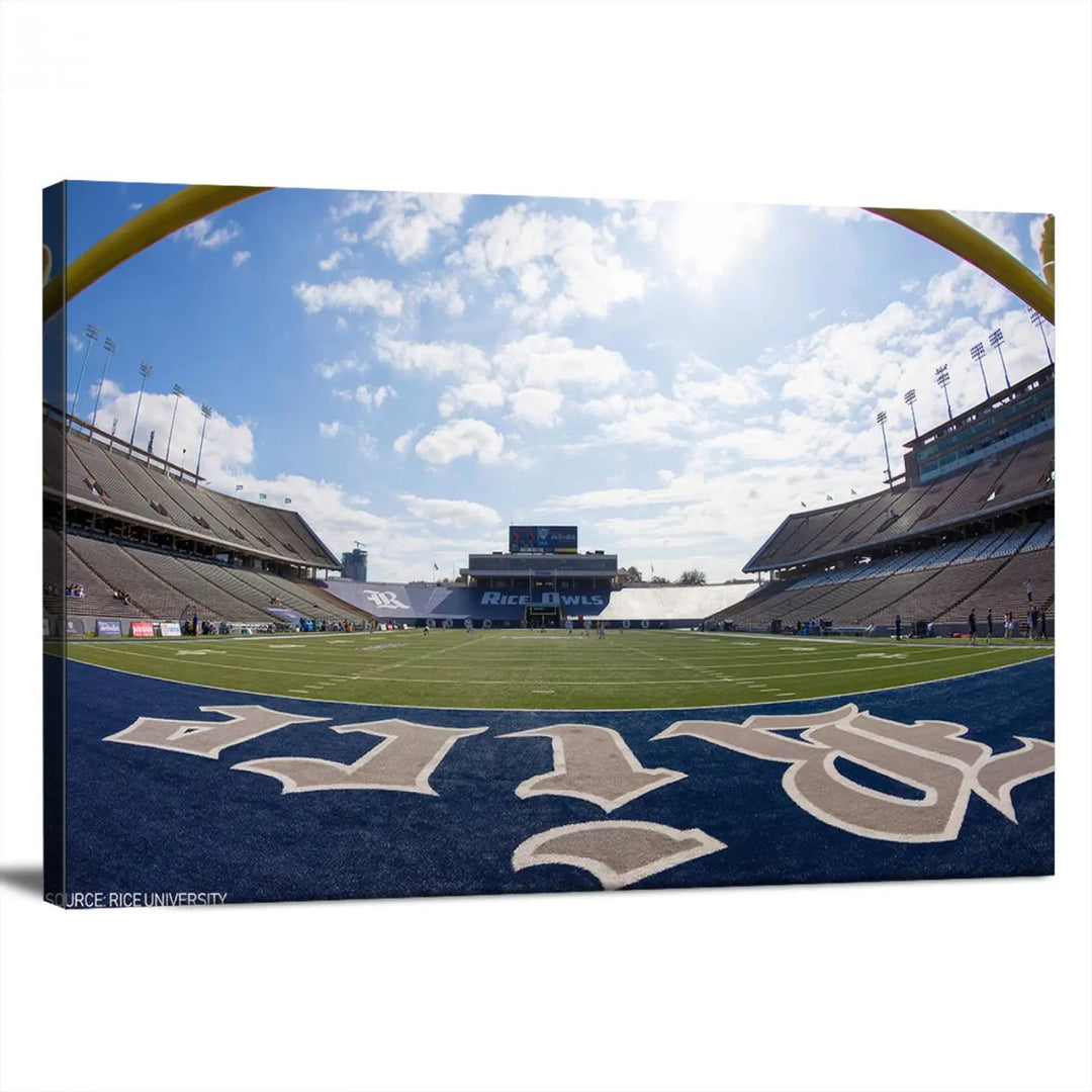 The Rice University Owls Football Team Print - Houston Rice Stadium Wall Art Canvas Print captures a panoramic view of an empty football stadium. It is beautifully displayed across three panels, each crafted with a gallery-quality finish.