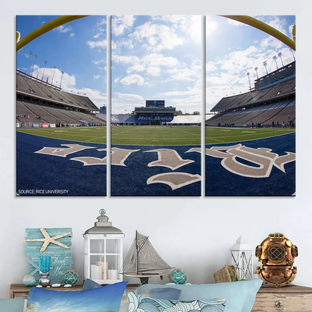 The Rice University Owls Football Team Print - Houston Rice Stadium Wall Art Canvas Print captures a panoramic view of an empty football stadium. It is beautifully displayed across three panels, each crafted with a gallery-quality finish.