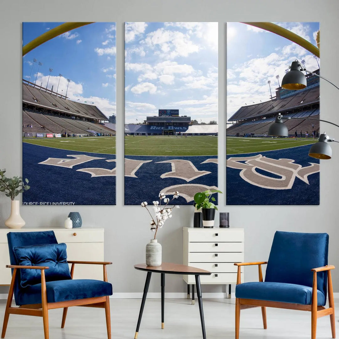 The Rice University Owls Football Team Print - Houston Rice Stadium Wall Art Canvas Print captures a panoramic view of an empty football stadium. It is beautifully displayed across three panels, each crafted with a gallery-quality finish.