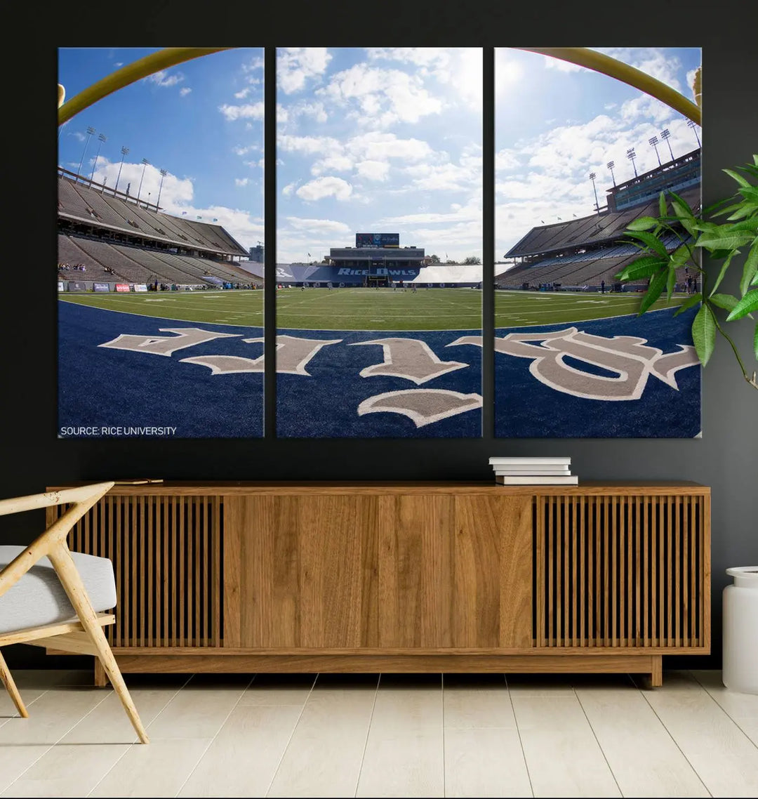 The Rice University Owls Football Team Print - Houston Rice Stadium Wall Art Canvas Print captures a panoramic view of an empty football stadium. It is beautifully displayed across three panels, each crafted with a gallery-quality finish.