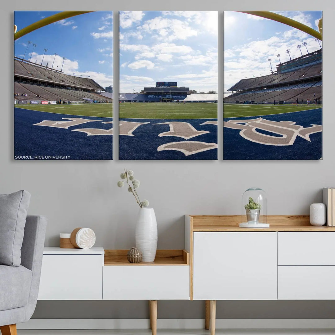 The Rice University Owls Football Team Print - Houston Rice Stadium Wall Art Canvas Print captures a panoramic view of an empty football stadium. It is beautifully displayed across three panels, each crafted with a gallery-quality finish.