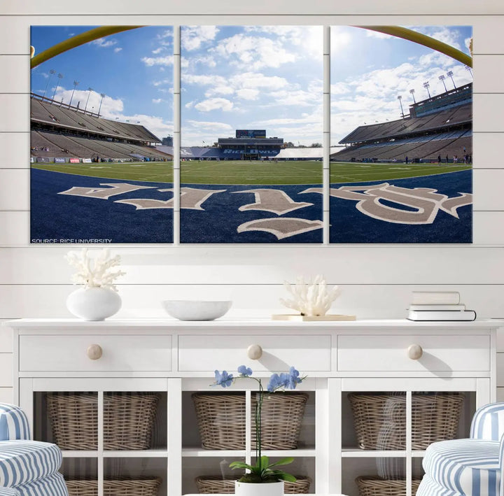 The Rice University Owls Football Team Print - Houston Rice Stadium Wall Art Canvas Print captures a panoramic view of an empty football stadium. It is beautifully displayed across three panels, each crafted with a gallery-quality finish.