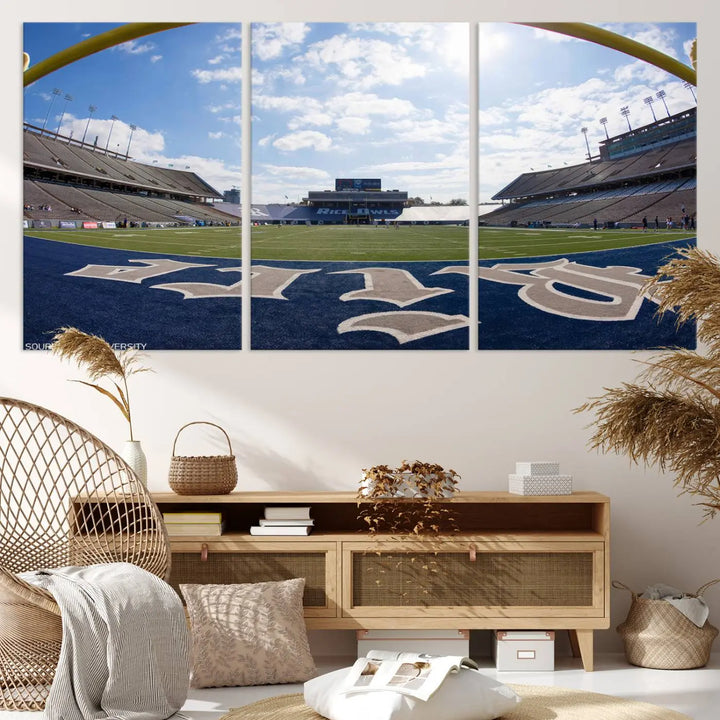 The Rice University Owls Football Team Print - Houston Rice Stadium Wall Art Canvas Print captures a panoramic view of an empty football stadium. It is beautifully displayed across three panels, each crafted with a gallery-quality finish.