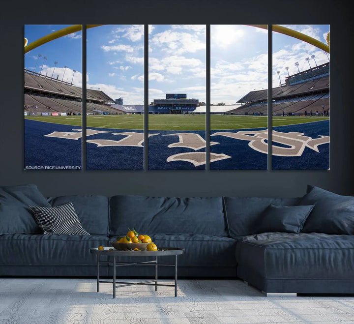 The Rice University Owls Football Team Print - Houston Rice Stadium Wall Art Canvas Print captures a panoramic view of an empty football stadium. It is beautifully displayed across three panels, each crafted with a gallery-quality finish.