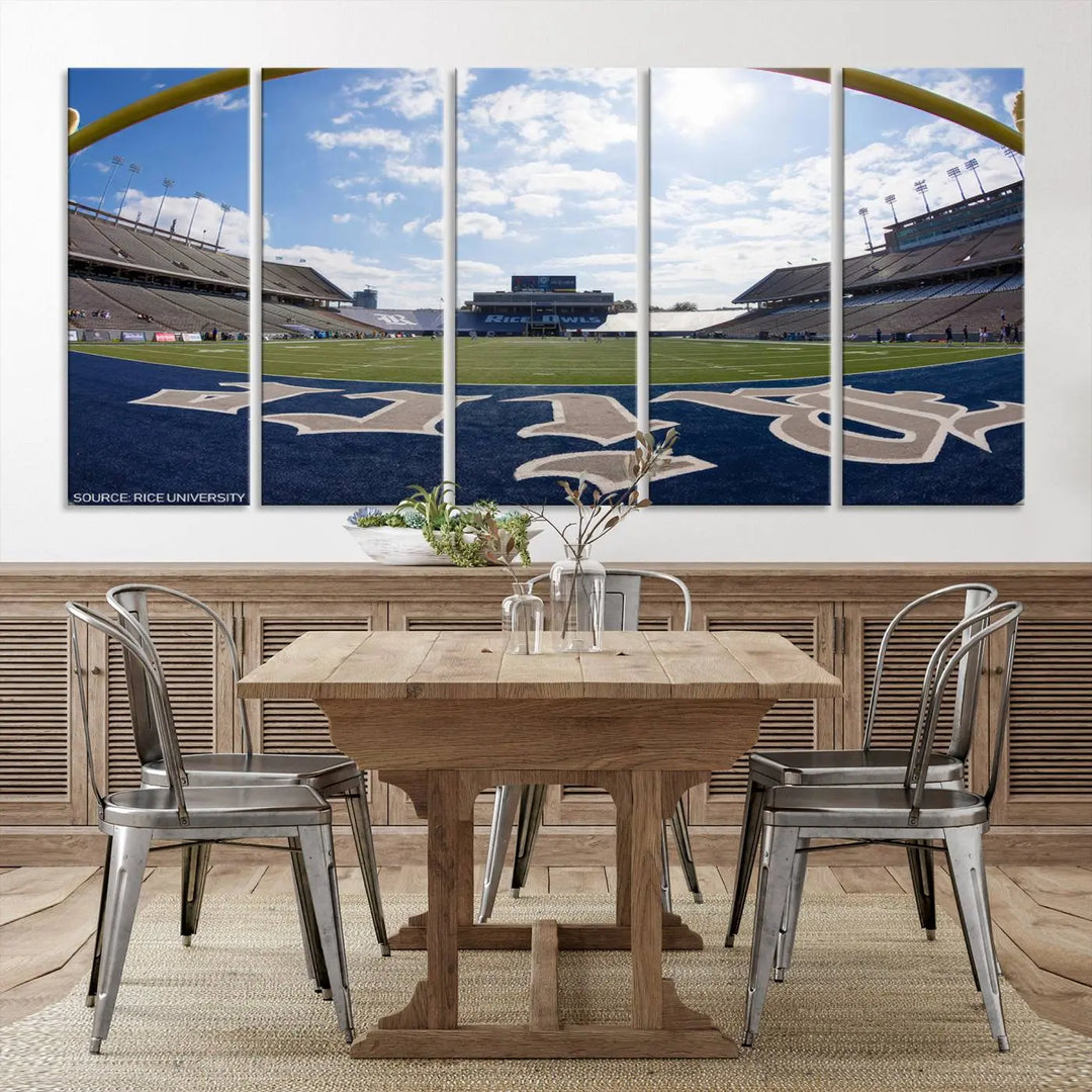 The Rice University Owls Football Team Print - Houston Rice Stadium Wall Art Canvas Print captures a panoramic view of an empty football stadium. It is beautifully displayed across three panels, each crafted with a gallery-quality finish.