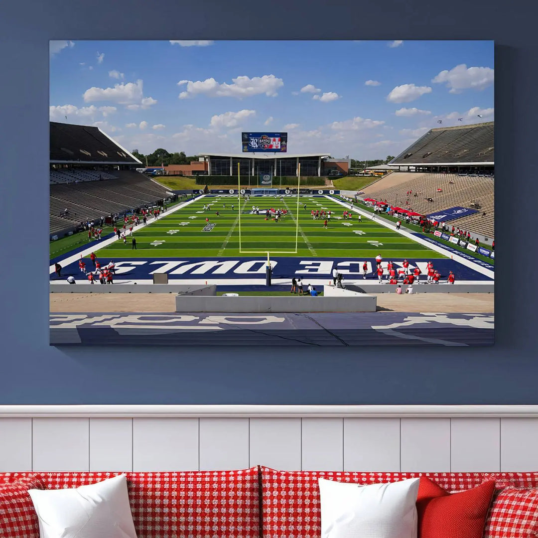 The Rice University Owls Football Team Print, featuring a live game at Houston's Rice Stadium, is crafted on premium canvas with a gallery-quality finish. This wall art masterpiece adds an elegant touch to any space.