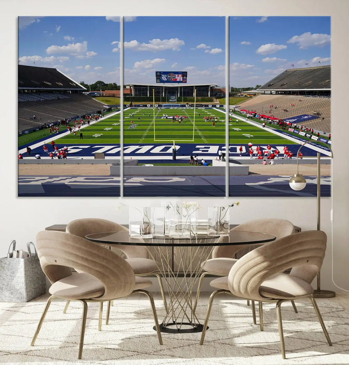 The Rice University Owls Football Team Print, featuring a live game at Houston's Rice Stadium, is crafted on premium canvas with a gallery-quality finish. This wall art masterpiece adds an elegant touch to any space.