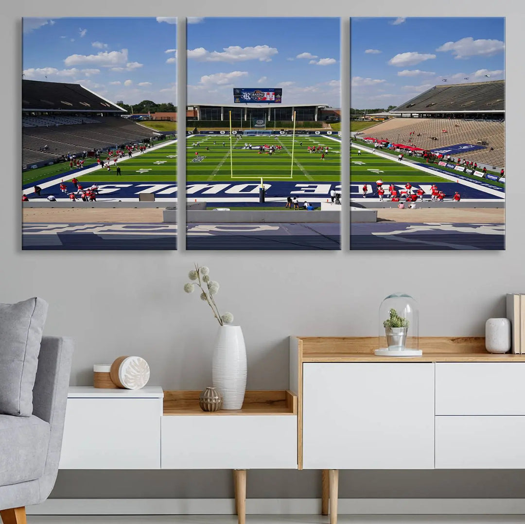 The Rice University Owls Football Team Print, featuring a live game at Houston's Rice Stadium, is crafted on premium canvas with a gallery-quality finish. This wall art masterpiece adds an elegant touch to any space.