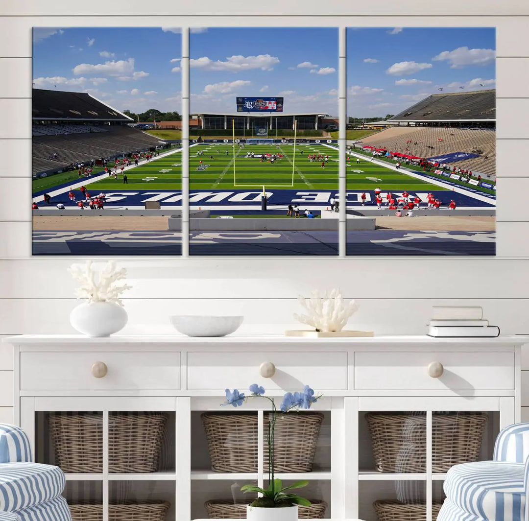 The Rice University Owls Football Team Print, featuring a live game at Houston's Rice Stadium, is crafted on premium canvas with a gallery-quality finish. This wall art masterpiece adds an elegant touch to any space.