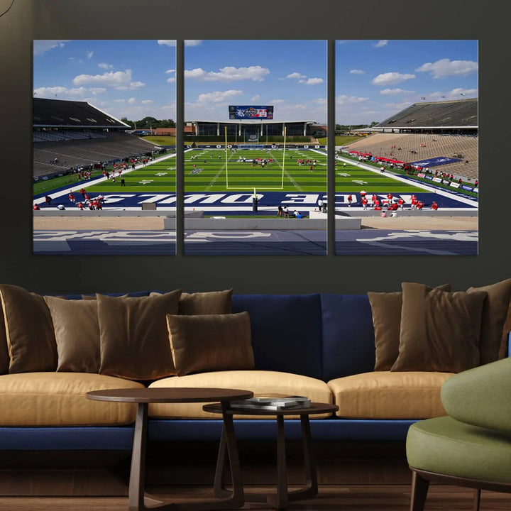 The Rice University Owls Football Team Print, featuring a live game at Houston's Rice Stadium, is crafted on premium canvas with a gallery-quality finish. This wall art masterpiece adds an elegant touch to any space.