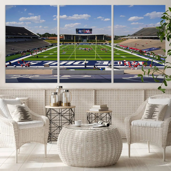 The Rice University Owls Football Team Print, featuring a live game at Houston's Rice Stadium, is crafted on premium canvas with a gallery-quality finish. This wall art masterpiece adds an elegant touch to any space.