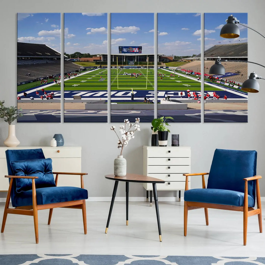 The Rice University Owls Football Team Print, featuring a live game at Houston's Rice Stadium, is crafted on premium canvas with a gallery-quality finish. This wall art masterpiece adds an elegant touch to any space.