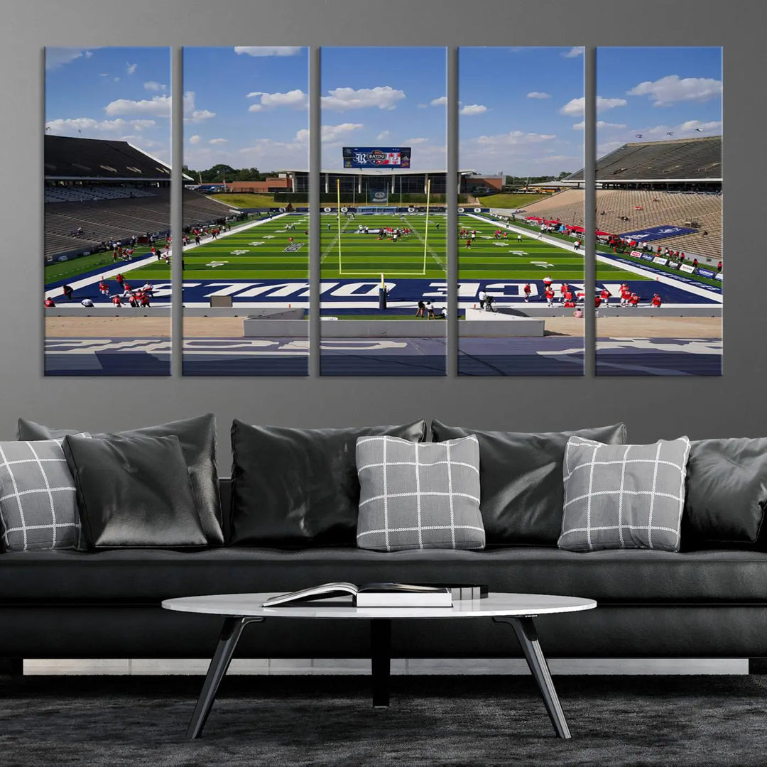 The Rice University Owls Football Team Print, featuring a live game at Houston's Rice Stadium, is crafted on premium canvas with a gallery-quality finish. This wall art masterpiece adds an elegant touch to any space.