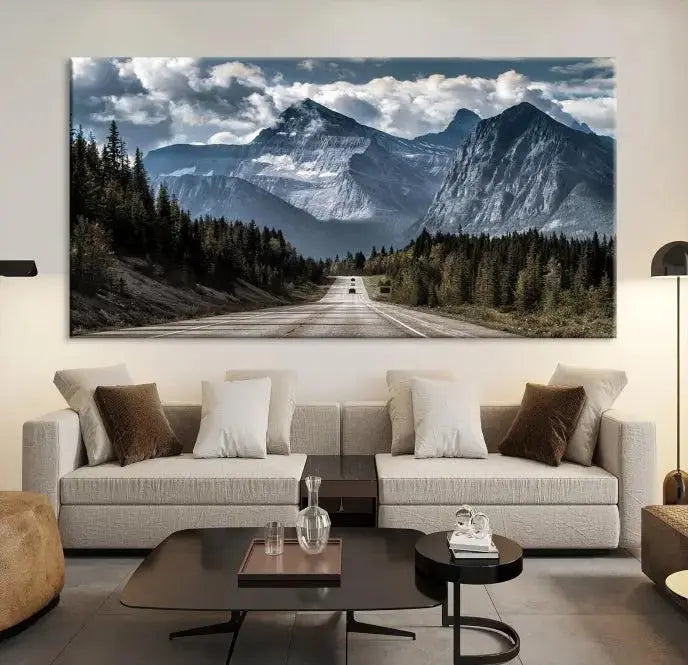 The Rocky Mountain Road Trip Wall Art Canvas, a 3-panel large scenic landscape featuring mountains, elegantly hangs to create an inviting and serene atmosphere.