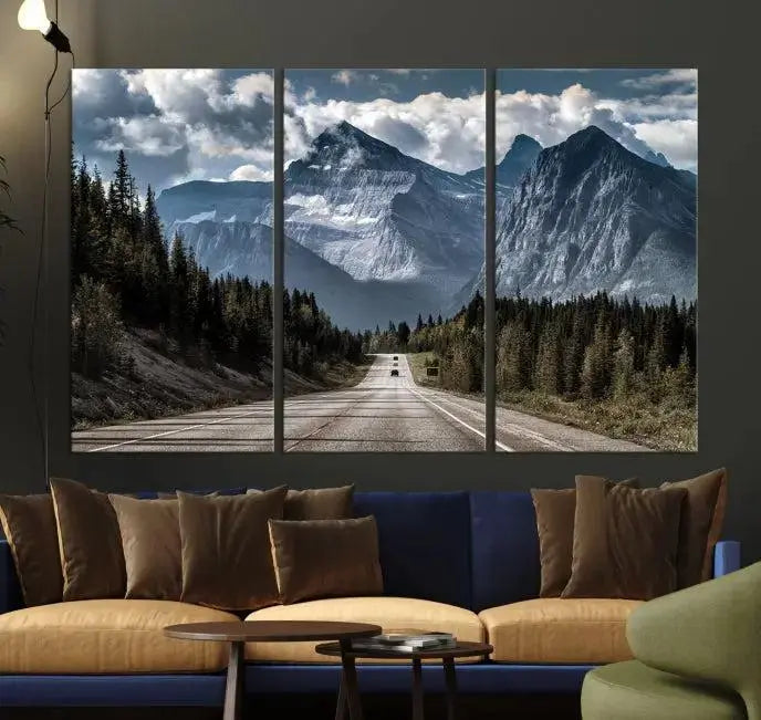 The Rocky Mountain Road Trip Wall Art Canvas, a 3-panel large scenic landscape featuring mountains, elegantly hangs to create an inviting and serene atmosphere.