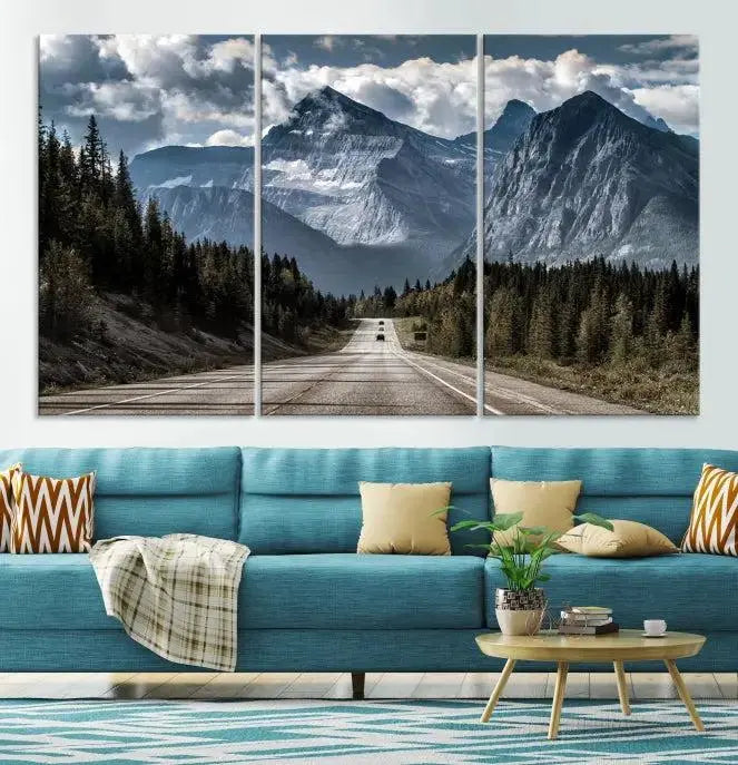 The Rocky Mountain Road Trip Wall Art Canvas, a 3-panel large scenic landscape featuring mountains, elegantly hangs to create an inviting and serene atmosphere.