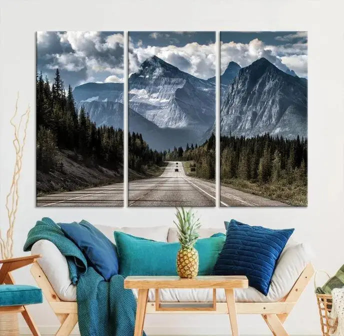 The Rocky Mountain Road Trip Wall Art Canvas, a 3-panel large scenic landscape featuring mountains, elegantly hangs to create an inviting and serene atmosphere.