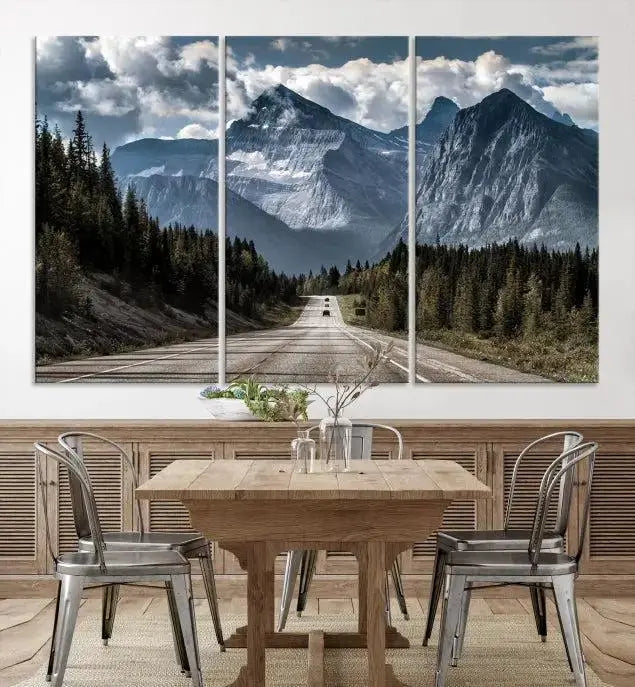 The Rocky Mountain Road Trip Wall Art Canvas, a 3-panel large scenic landscape featuring mountains, elegantly hangs to create an inviting and serene atmosphere.