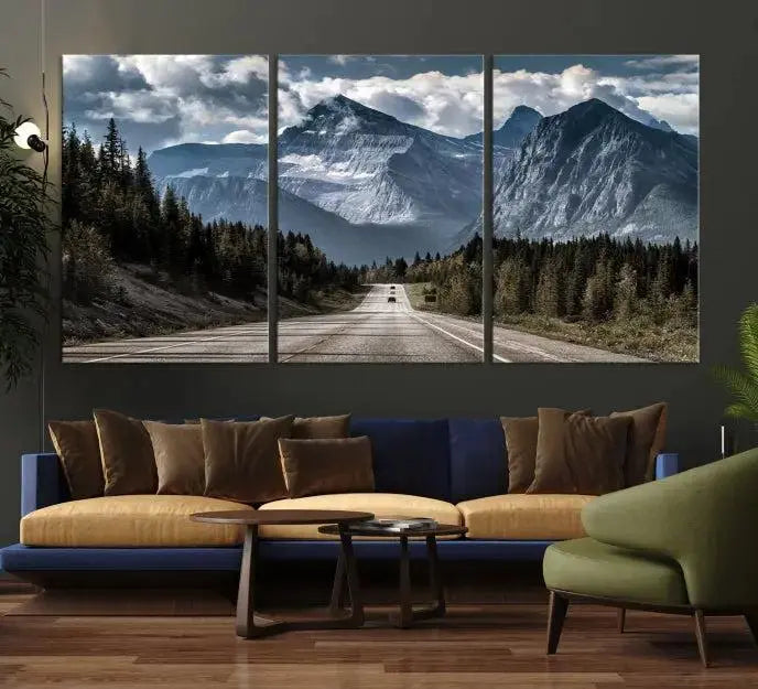 The Rocky Mountain Road Trip Wall Art Canvas, a 3-panel large scenic landscape featuring mountains, elegantly hangs to create an inviting and serene atmosphere.