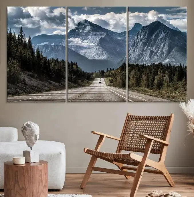 The Rocky Mountain Road Trip Wall Art Canvas, a 3-panel large scenic landscape featuring mountains, elegantly hangs to create an inviting and serene atmosphere.