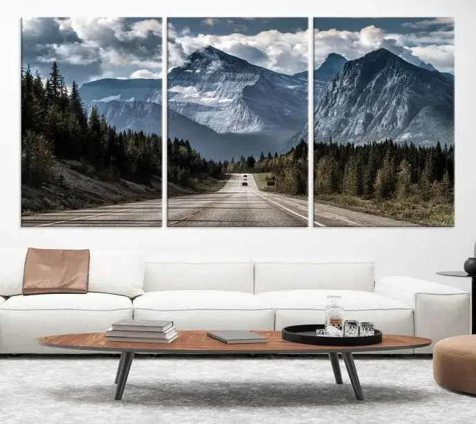 The Rocky Mountain Road Trip Wall Art Canvas, a 3-panel large scenic landscape featuring mountains, elegantly hangs to create an inviting and serene atmosphere.