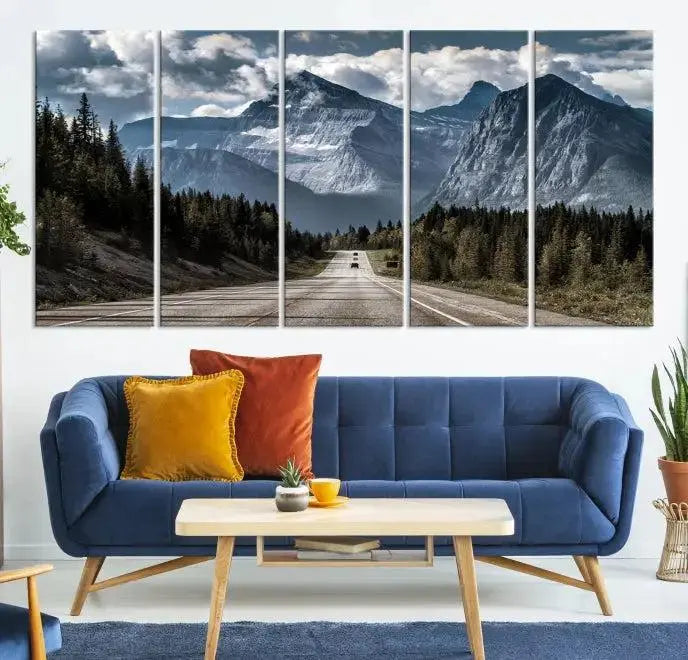 The Rocky Mountain Road Trip Wall Art Canvas, a 3-panel large scenic landscape featuring mountains, elegantly hangs to create an inviting and serene atmosphere.