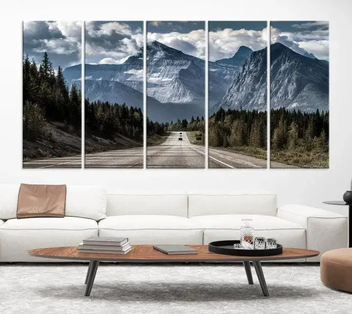 The Rocky Mountain Road Trip Wall Art Canvas, a 3-panel large scenic landscape featuring mountains, elegantly hangs to create an inviting and serene atmosphere.