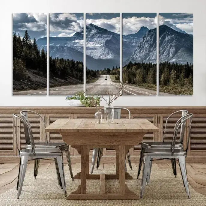 The Rocky Mountain Road Trip Wall Art Canvas, a 3-panel large scenic landscape featuring mountains, elegantly hangs to create an inviting and serene atmosphere.