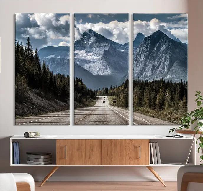 The Rocky Mountain Road Trip Wall Art Canvas, a 3-panel large scenic landscape featuring mountains, elegantly hangs to create an inviting and serene atmosphere.