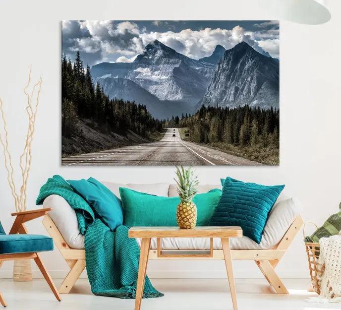 The Rocky Mountain Road Trip Wall Art Canvas, a 3-panel large scenic landscape featuring mountains, elegantly hangs to create an inviting and serene atmosphere.