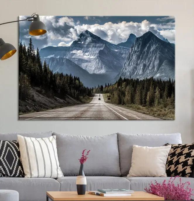 The Rocky Mountain Road Trip Wall Art Canvas, a 3-panel large scenic landscape featuring mountains, elegantly hangs to create an inviting and serene atmosphere.