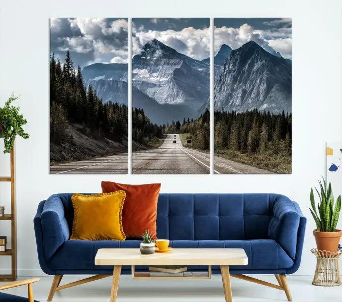 The Rocky Mountain Road Trip Wall Art Canvas, a 3-panel large scenic landscape featuring mountains, elegantly hangs to create an inviting and serene atmosphere.